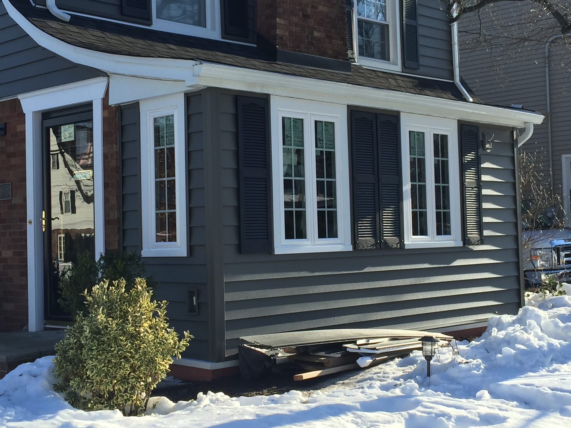 exterior prodigy insulated vinyl siding wit new black shutters and  remodeling project,  Bergen County, North New Jersey