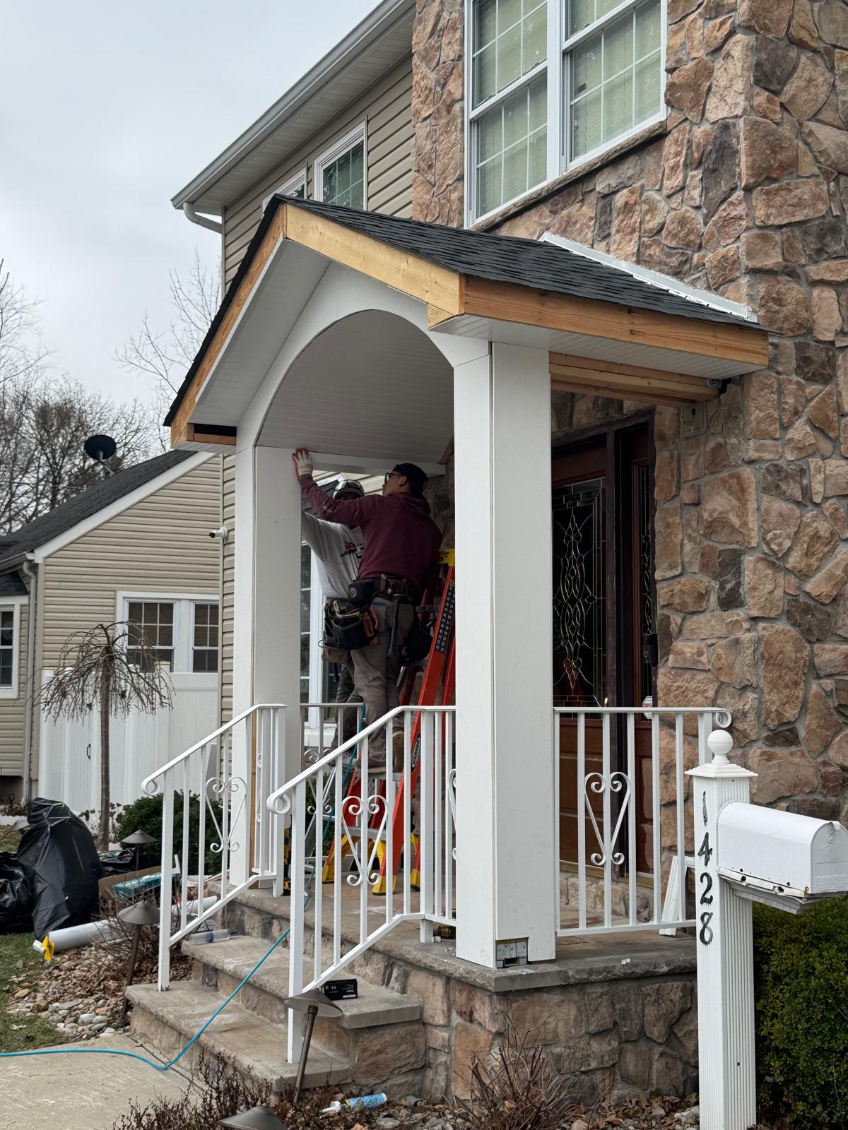Front portico installation of pvc columns in Bergen County, NJ