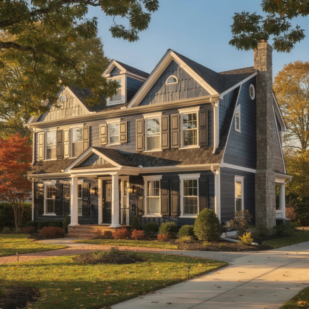Dutch Colonial in North Jersey with navy scallop gambrel accents and cultured stone chimney