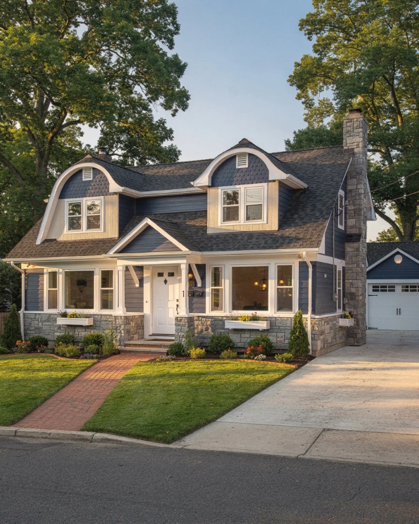 Dutch Colonial with scallop dormer accents and stone water table, Morris County NJ
