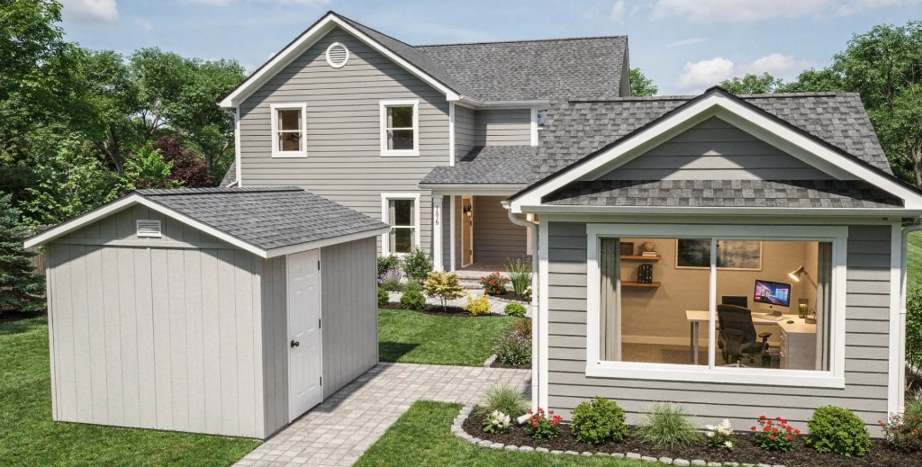 Backyard studio office with sliding glass door and paver walkway on a North Jersey home